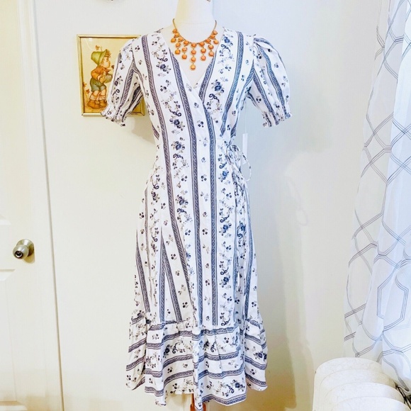 Reformation Dresses & Skirts - SOLD NEW Reformation Summer Wrap Linen Midi Dress White Blue Floral M Medium NWT